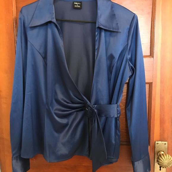 Royal Blue Satin Tie-Front Blouse - Picture 2 of 7